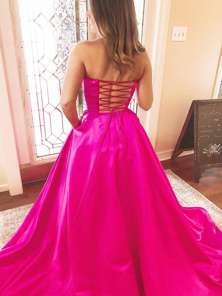 Strapless Fuchsia Satin Long Prom Dresses, Hot Pink Long Formal Evening Dresses
