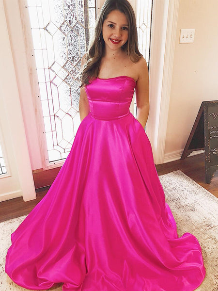 Strapless Fuchsia Satin Long Prom Dresses, Hot Pink Long Formal Evening Dresses
