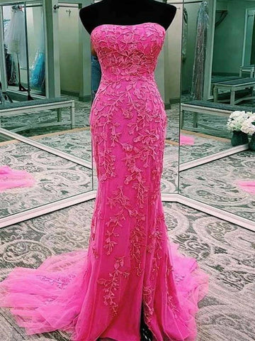 Strapless Hot Pink Lace Prom Dresses, Backless Hot Pink Lace Formal Evening Dresses