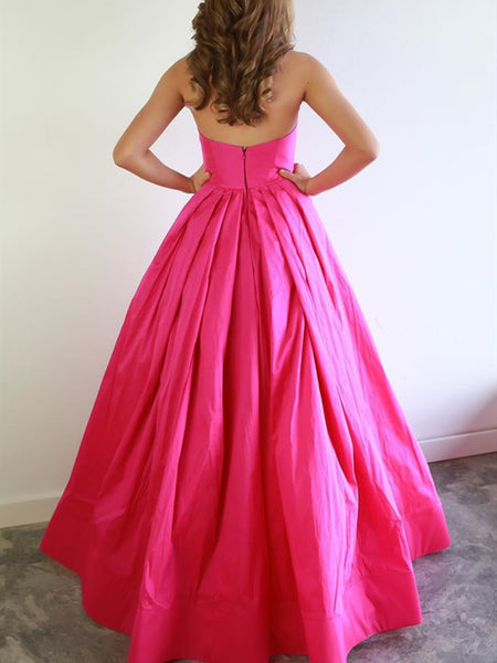 Strapless Hot Pink Satin Long Prom Dresses, Hot Pink Satin Long Formal Evening Dresses