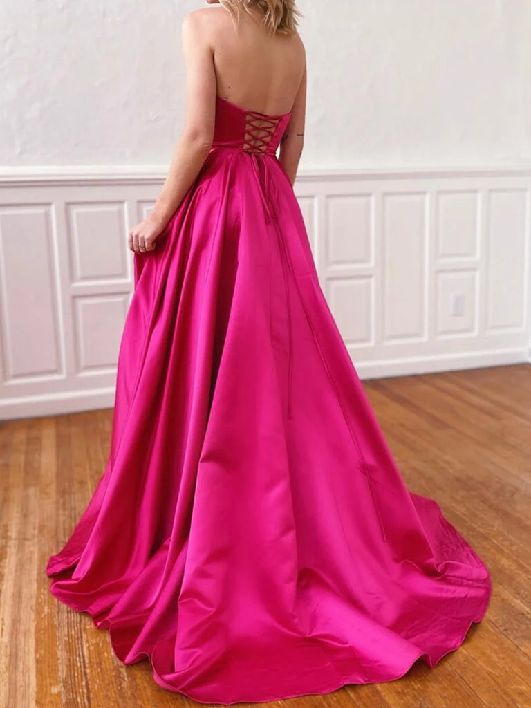 Strapless Hot Pink Satin Prom Dresses, Strapless Hot Pink Long Formal jbydress Strapless Hot Pink Satin Prom Dresses, Strapless Hot Pink Long Formal jbydress