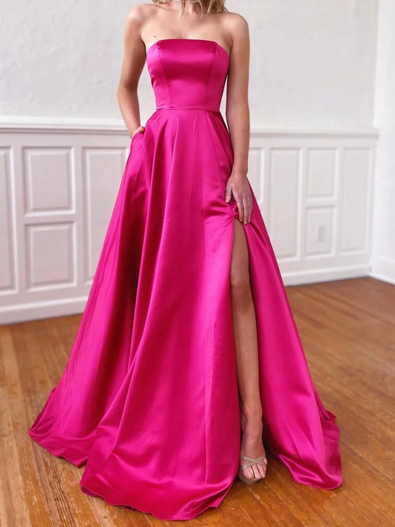 Strapless Hot Pink Satin Prom Dresses, Strapless Hot Pink Long
