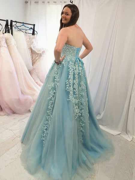 Strapless Light Blue Lace Prom Dresses, Ice Blue Lace Formal Evening Dresses