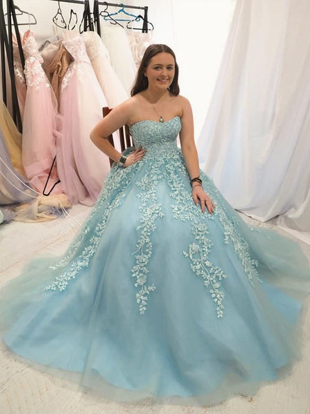 Strapless Light Blue Lace Prom Dresses, Ice Blue Lace Formal Evening Dresses