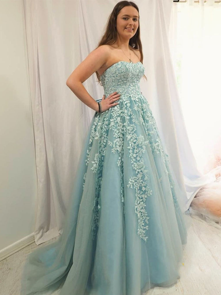 Strapless Light Blue Lace Prom Dresses, Ice Blue Lace Formal Evening D jbydress Strapless Light Blue Lace Prom Dresses, Ice Blue Lace Formal Evening D jbydress