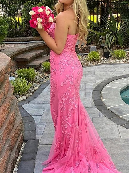 Strapless Mermaid Lace Prom Dresses, Lace Mermaid Formal Evening Dresses