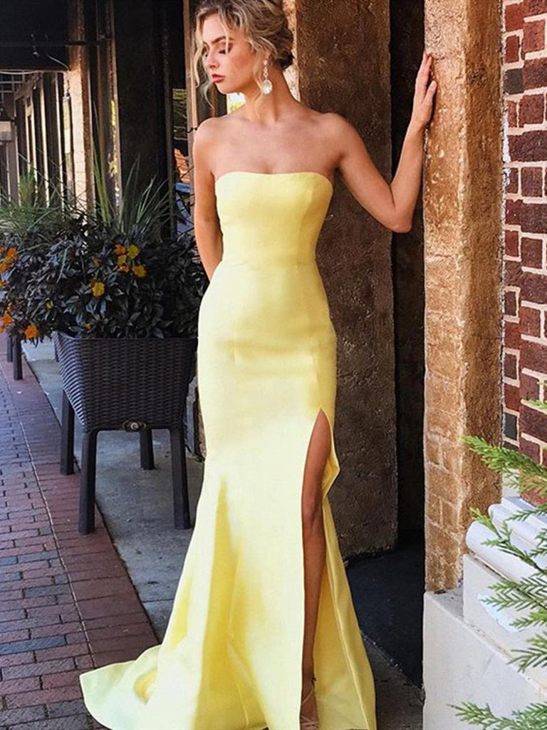 Strapless Mermaid Yellow Satin Long Prom Dresses, Strapless Yellow For –  jbydress