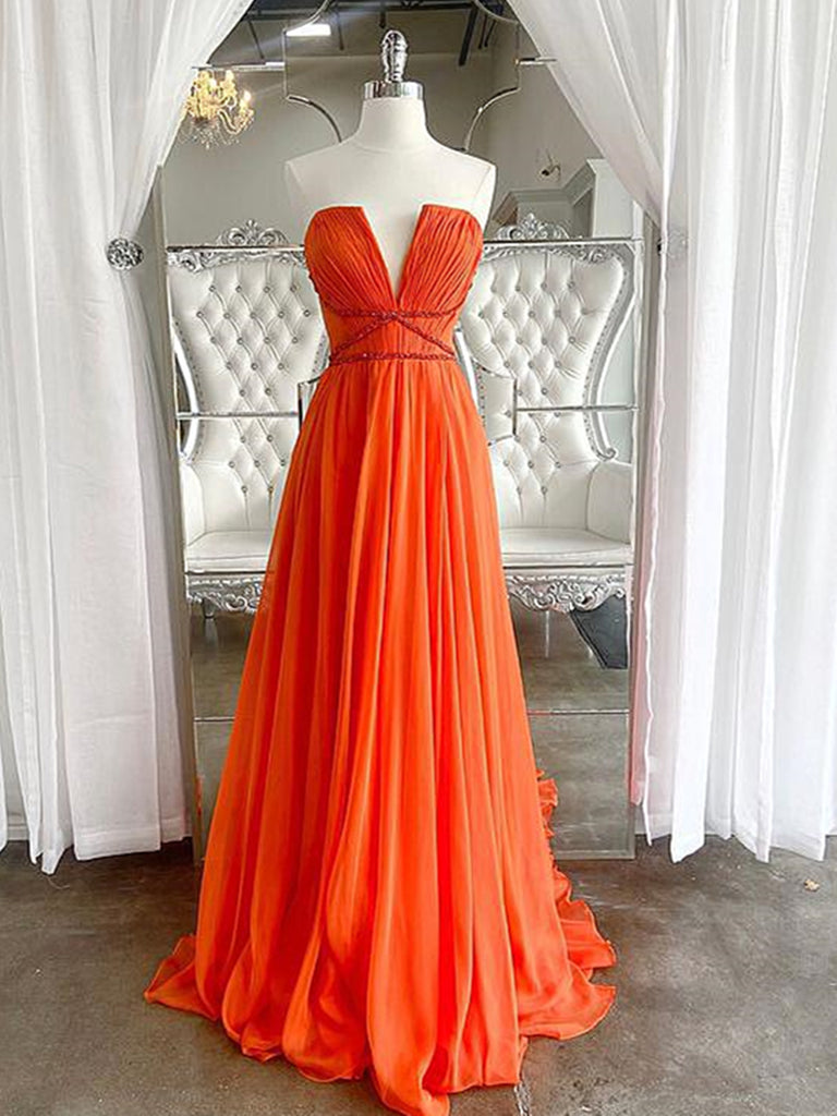 Strapless Orange Long Prom Dresses, Strapless Orange Long Formal Evening Dresses