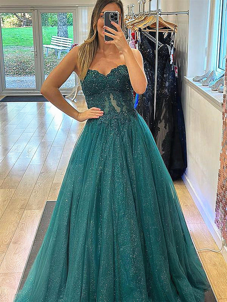 Strapless Pink Green Lace Long Prom Dresses, Strapless Green Pink Lace Formal Evening Dresses