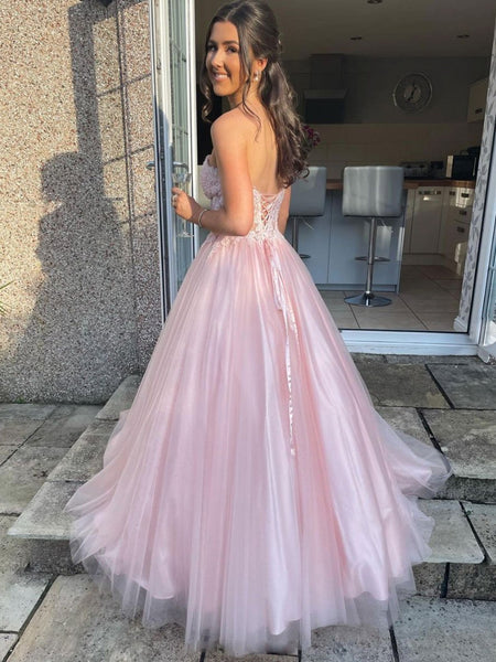 Strapless Pink Tulle Lace Prom Dresses, Pink Lace Formal Evening Dresses