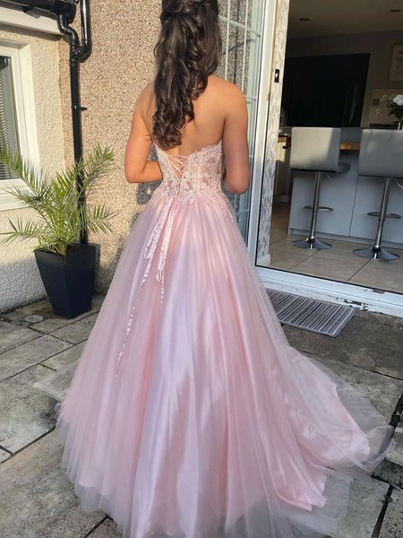 Strapless Pink Tulle Lace Prom Dresses, Pink Lace Formal Evening Dresses