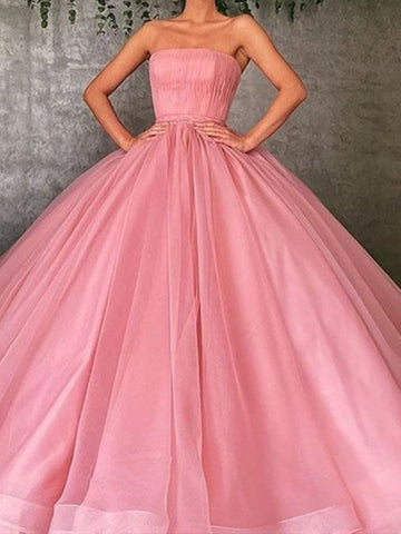 Strapless Pink Tulle Prom Dresses, Strapless Pink Tulle Formal Graduation Dresses