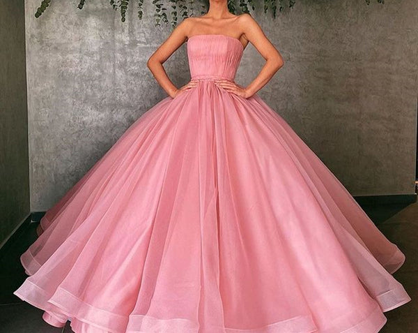 Strapless Pink Tulle Prom Dresses, Strapless Pink Tulle Formal Graduation Dresses