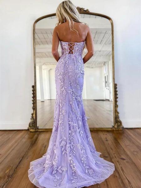 Strapless Purple Lace Prom Dress with Corset Back, Purple Tulle Lace Formal Evening Dresses
