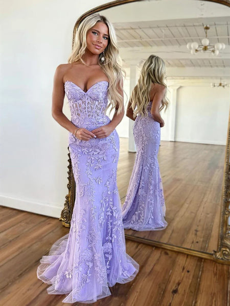 Strapless Purple Lace Prom Dress with Corset Back, Purple Tulle Lace Formal Evening Dresses