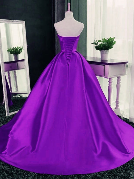 Strapless Purple Long Satin Prom Dresses, Strapless Purple Long Satin Formal Graduation Dresses