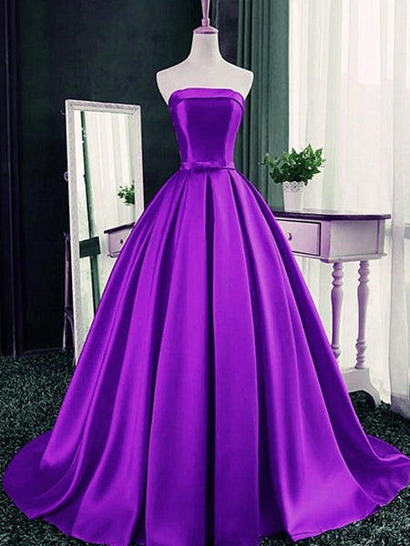 Strapless Purple Long Satin Prom Dresses, Strapless Purple Long Satin Formal Graduation Dresses