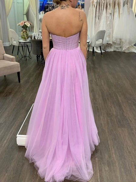 Strapless Purple Long Tulle Prom Dresses, Purple Long Formal Evening Dresses