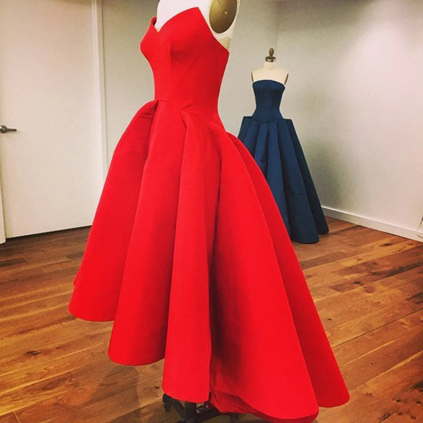 Strapless Red High Low Sweetheart Neck Prom Dress, Prom Gown, Red High Low Formal Dress