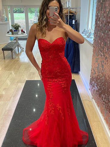 Strapless Red Mermaid Lace Prom Dresses, Red Mermaid Lace Formal Evening Dresses
