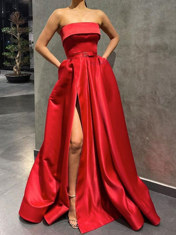 Strapless Red Satin Prom Dresses with High Slit, Red Long Formal Evening Dresses