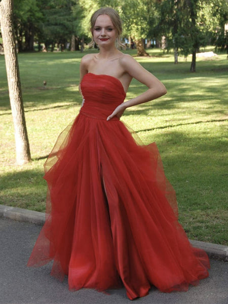 Strapless Red Tulle Long Prom Dresses, Red Tulle Long Formal Evening Dresses