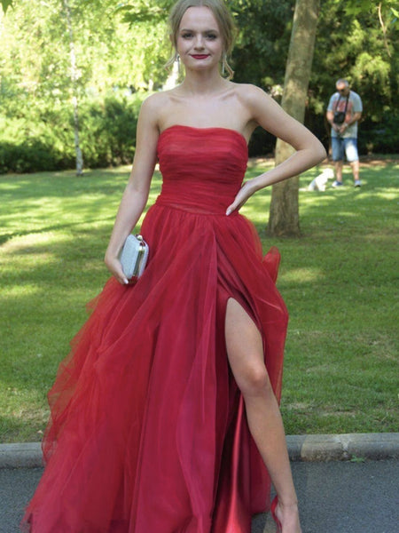 Strapless Red Tulle Long Prom Dresses, Red Tulle Long Formal Evening Dresses