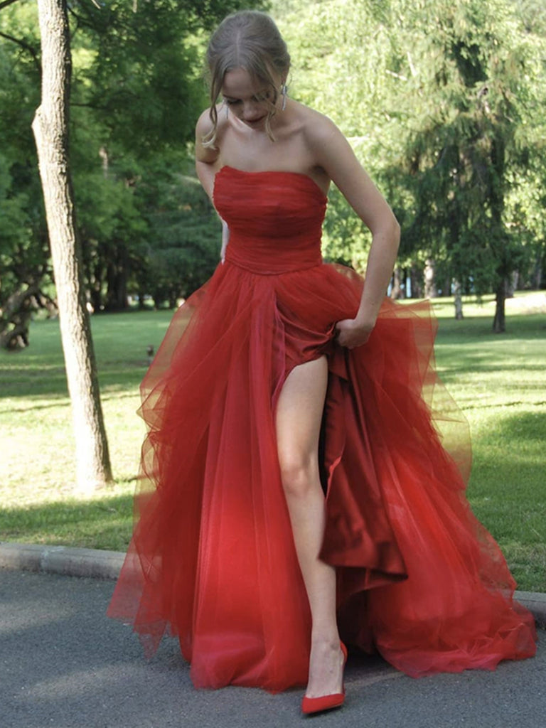 Strapless Red Tulle Long Prom Dresses, Red Tulle Long Formal Evening D jbydress Strapless Red Tulle Long Prom Dresses, Red Tulle Long Formal Evening D jbydress