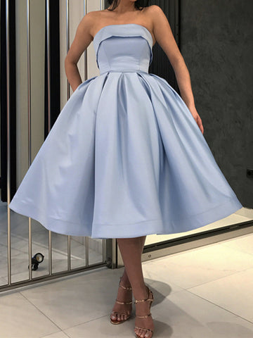 Strapless Short Blue Prom Dresses, Strapless Blue Formal Evening Dresses