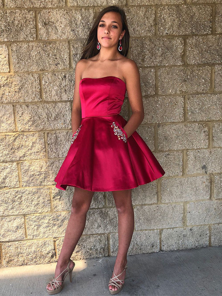 Strapless Short Burgundy Prom Dresses, Short Burgundy Formal Homecomin