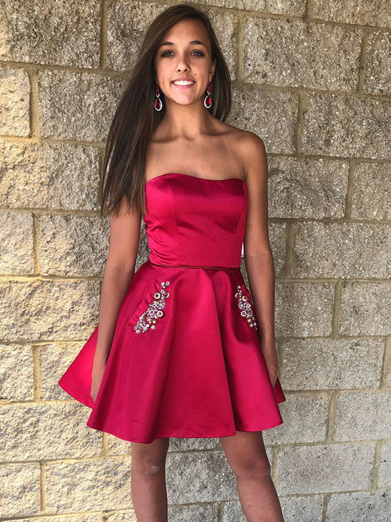 Strapless Short Burgundy Prom Dresses, Short Burgundy Formal