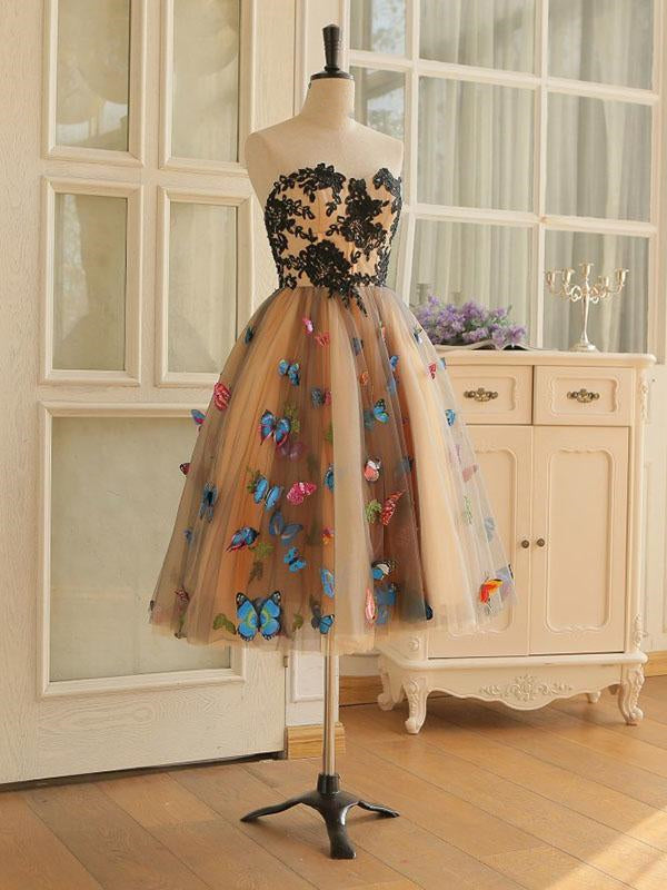 Strapless Short Champagne Floral Prom Dresses, 3D Floral Short Champag jbydress Strapless Short Champagne Floral Prom Dresses, 3D Floral Short Champag jbydress
