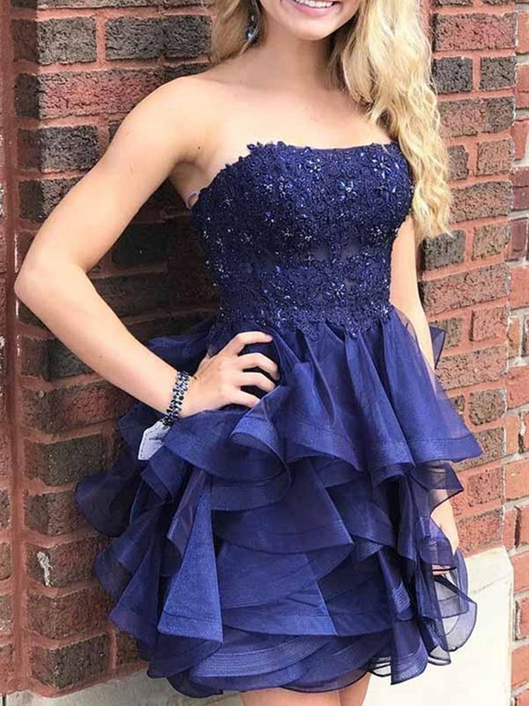 Strapless Short Navy Blue Lace Prom Dresses, Short Navy Blue Lace Form jbydress Strapless Short Navy Blue Lace Prom Dresses, Short Navy Blue Lace Form jbydress