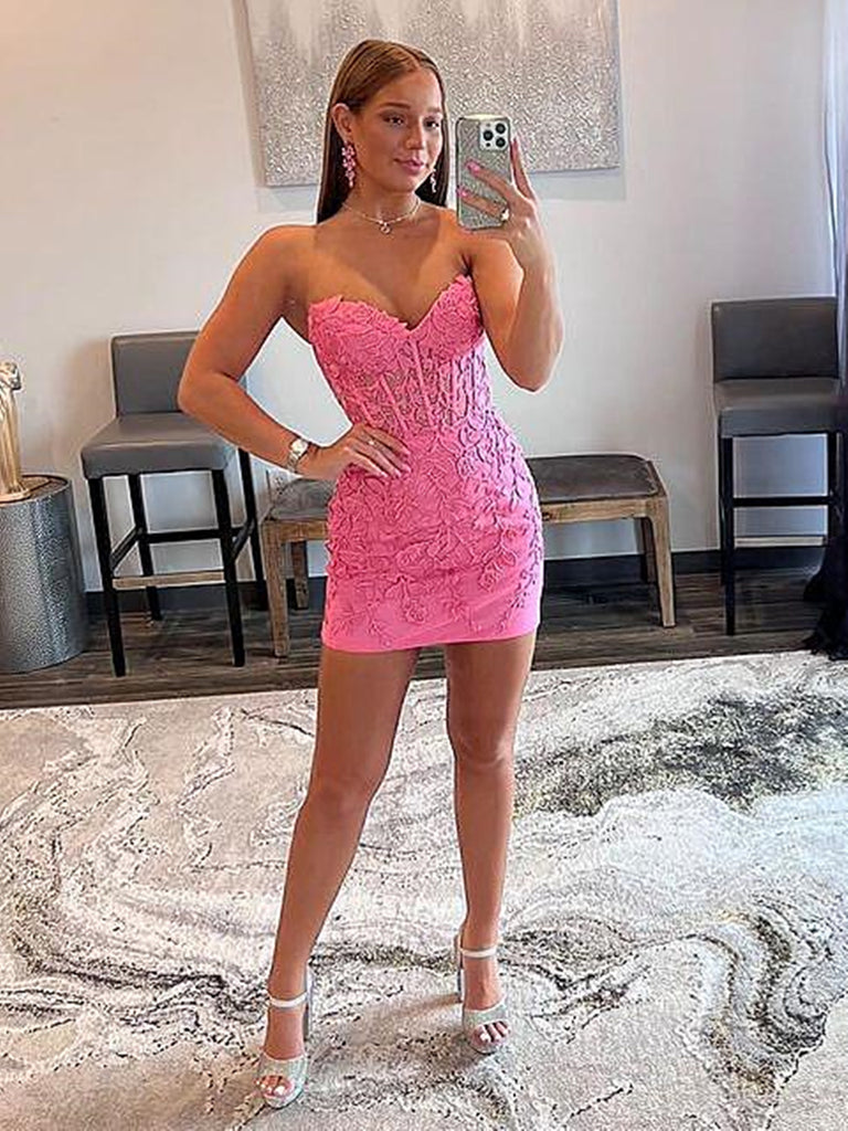 Strapless Short Pink Lace Prom Dresses, Short Pink Lace Graduation Hom jbydress Strapless Short Pink Lace Prom Dresses, Short Pink Lace Graduation Hom jbydress