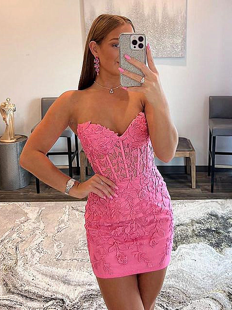 A Line V Neck Short Pink Lace Prom Dresses, Short Pink Lace Formal Hom –  jbydress