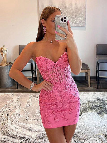Strapless Short Pink Lace Prom Dresses, Short Pink Lace Graduation Homecoming Dresses