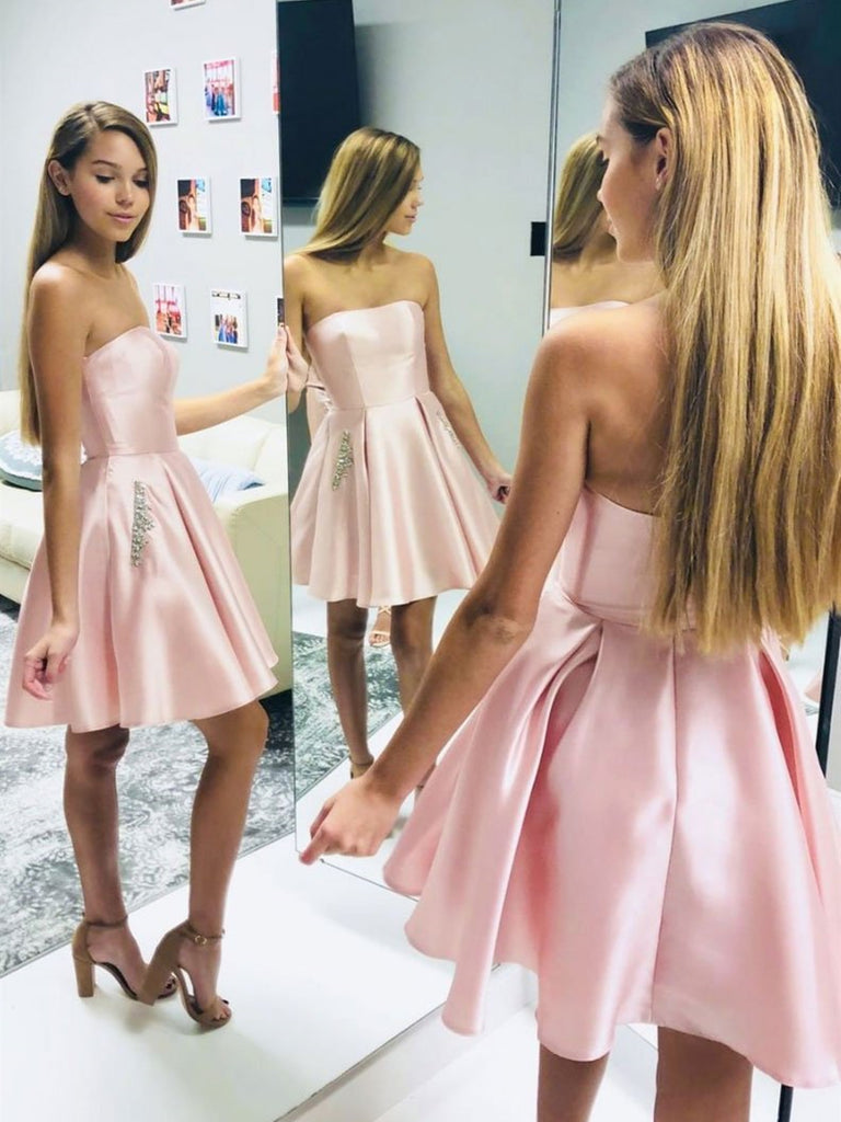 Strapless Short Pink Satin Prom Dresses with Pockets, Short Pink Formal Graduation Homecoming Dresses