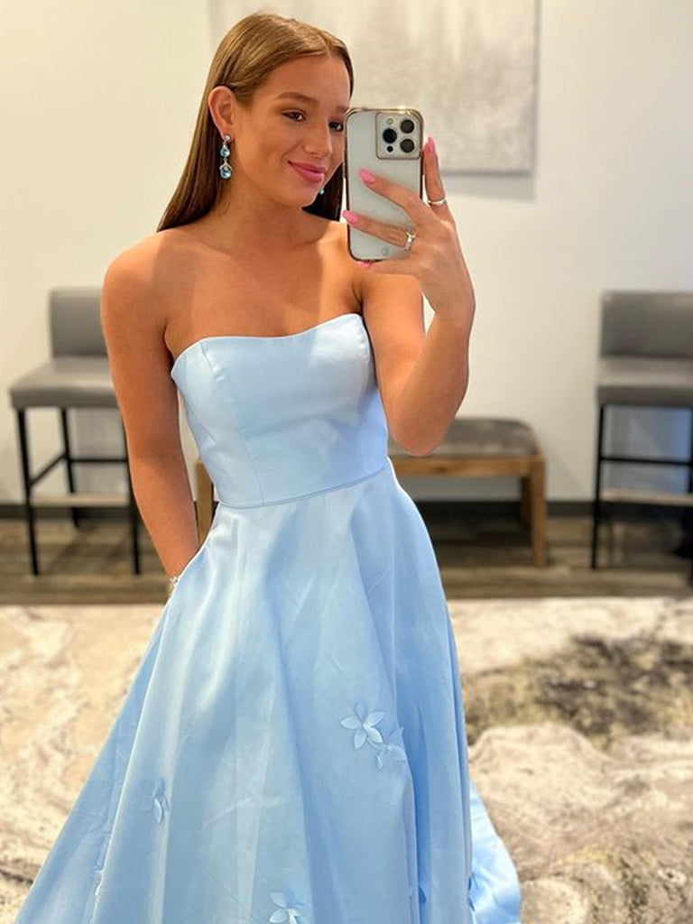 Strapless Sky Blue Floral Long Prom Dresses, Light Blue Long Floral Fo jbydress Strapless Sky Blue Floral Long Prom Dresses, Light Blue Long Floral Fo jbydress