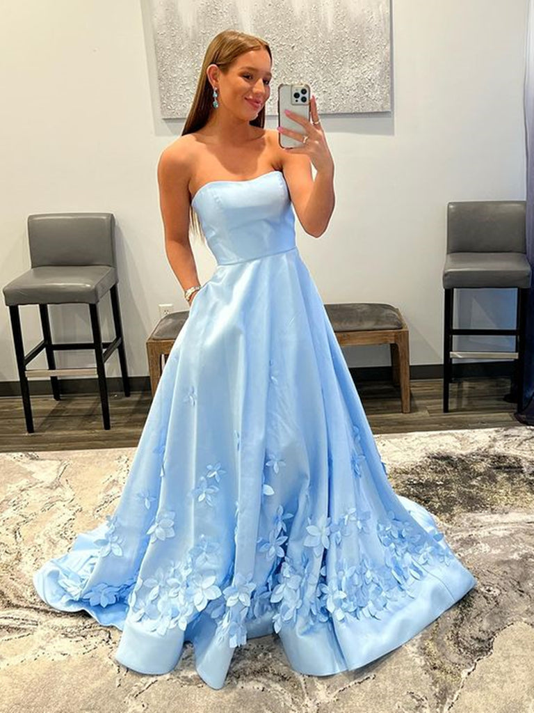 Strapless Sky Blue Floral Long Prom Dresses, Light Blue Long Floral Fo jbydress Strapless Sky Blue Floral Long Prom Dresses, Light Blue Long Floral Fo jbydress