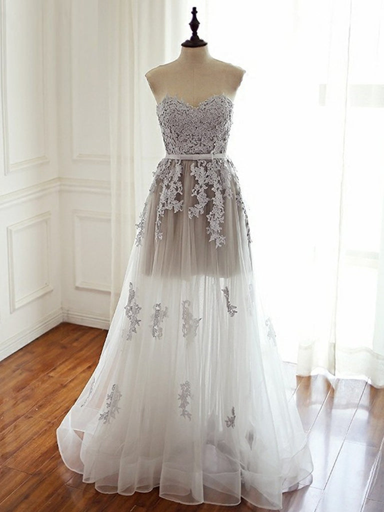 Strapless Sweetheart Neck Gray Lace Prom Dresses, Strapless Gray Lace jbydress Strapless Sweetheart Neck Gray Lace Prom Dresses, Strapless Gray Lace jbydress