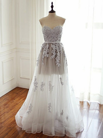 Strapless Sweetheart Neck Gray Lace Prom Dresses, Strapless Gray Lace Long Formal Evening Dresses
