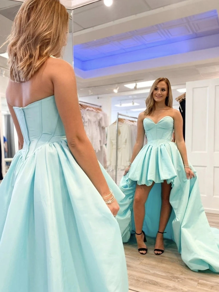 Strapless Sweetheart Neck Mint Green High Low Prom Dresses, Mint Green High Low Formal Evening Dresses