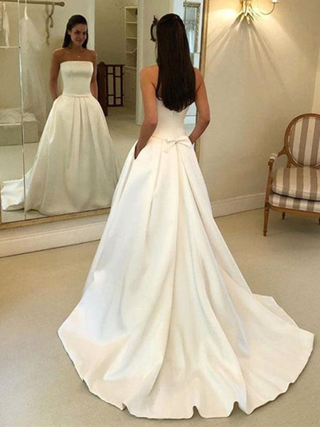 Strapless White Satin Wedding Dresses, White Satin Long Formal Prom Dresses