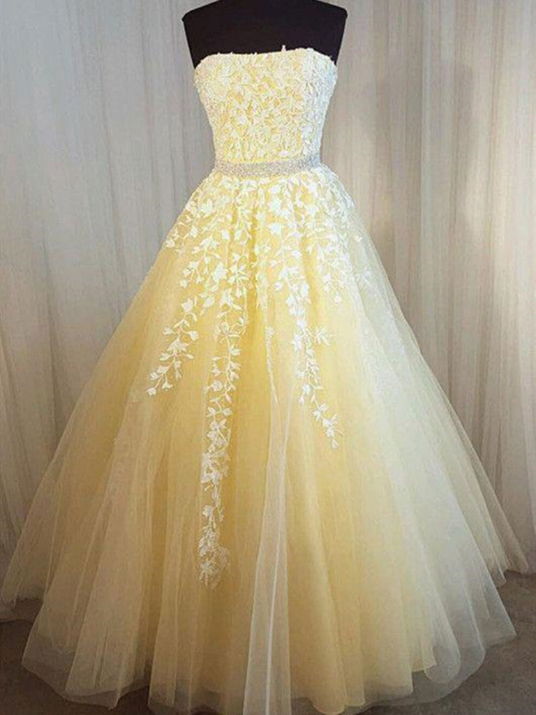 Strapless Yellow Lace Long Prom Dresses, Strapless Long Yellow Lace Formal Evening Dresses
