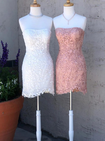 Strapless Yellow Pink White Lace Prom Dresses, Short Lace Graduation Homecoming Dresses