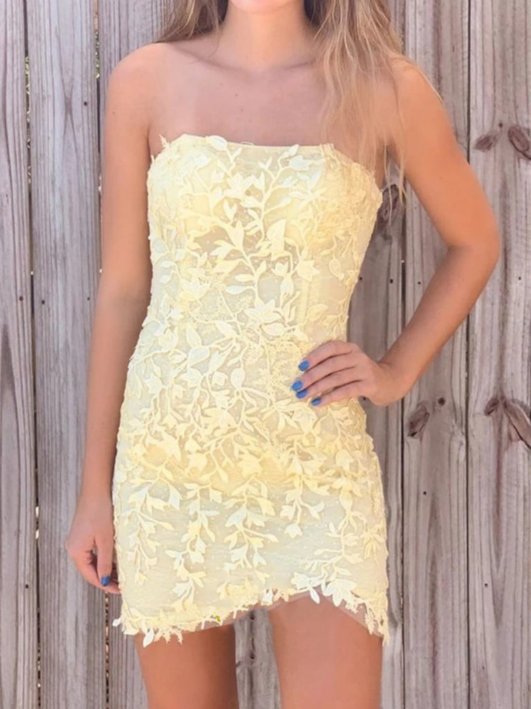 Strapless Yellow Pink White Lace Prom Dresses, Short Lace Graduation H jbydress Strapless Yellow Pink White Lace Prom Dresses, Short Lace Graduation H jbydress