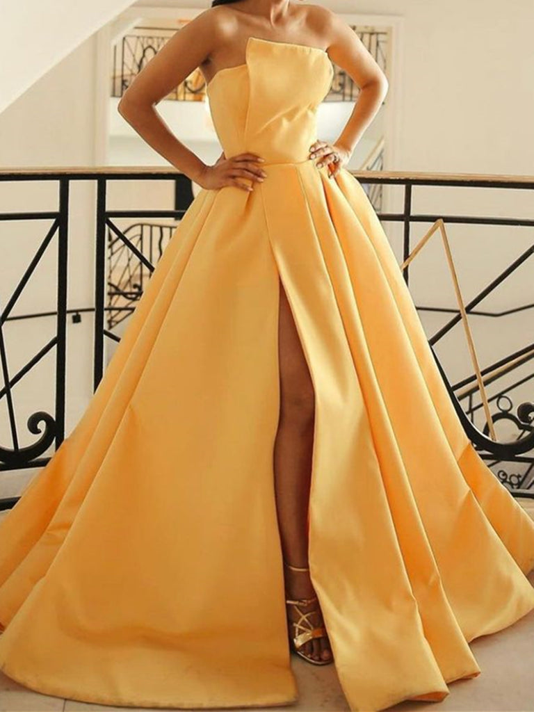 strapless yellow satin dress Yellow Strapless Sheath Satin Long Formal Prom Dresses With Bow, Yellow / 4
