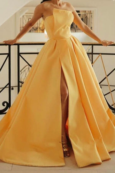 Strapless Yellow Satin Long Prom Dresses, Yellow Satin Long Formal Evening Dresses