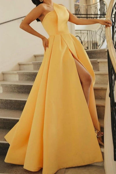 Strapless Yellow Satin Long Prom Dresses, Yellow Satin Long Formal Evening Dresses
