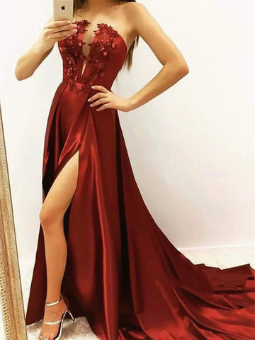 Strapless Appliques Burgundy Satin Prom Dress with High Slit, Wine Red Satin Formal Evening Dresses